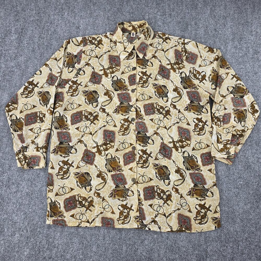 Vintage Equestrian Shirt Womens L - XL Beige Horse Tack Print Western Button Up